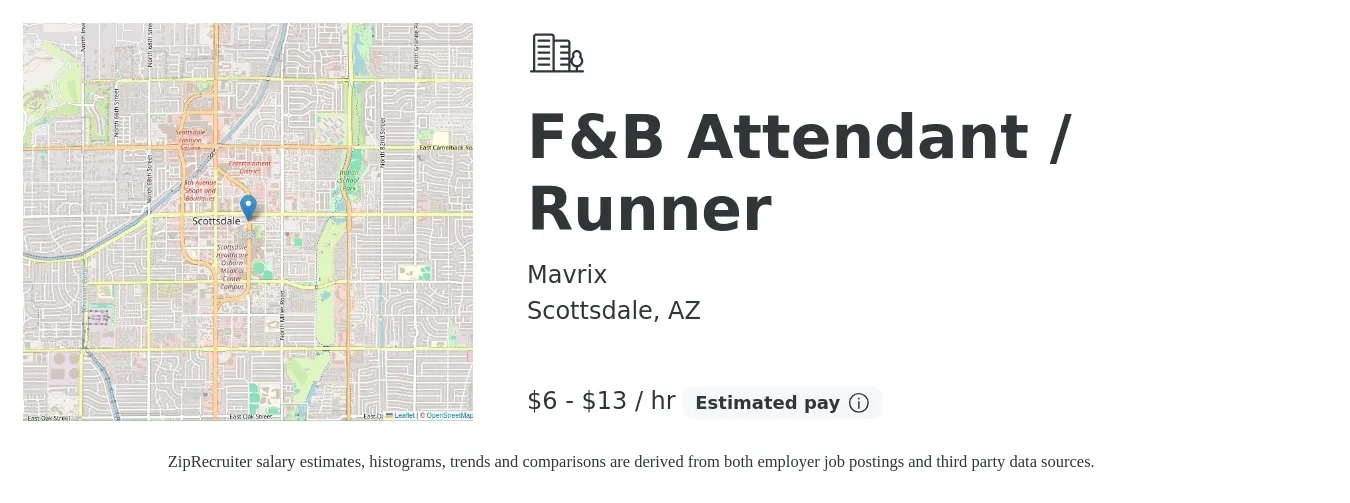 Mavrix job posting for a F&B Attendant / Runner in Scottsdale, AZ with a salary of $7 to $14 Hourly with a map of Scottsdale location.