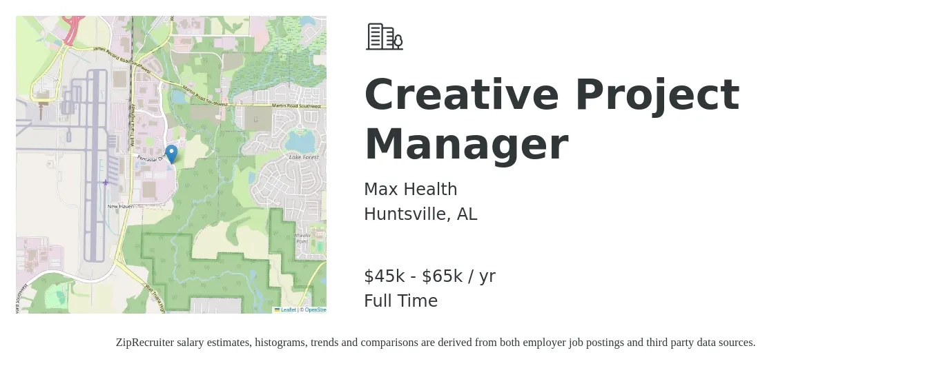 Max Health job posting for a Creative Project Manager in Huntsville, AL with a salary of $45,000 Yearly with a map of Huntsville location.