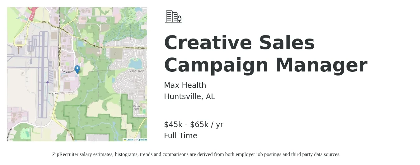 Max Health job posting for a Creative Sales Campaign Manager in Huntsville, AL with a salary of $36,000 Yearly with a map of Huntsville location.