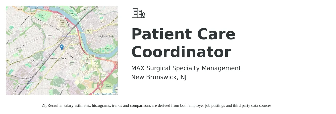 MAX Surgical Specialty Management job posting for a Patient Care Coordinator in New Brunswick, NJ with a salary of $18 to $24 Hourly with a map of New Brunswick location.