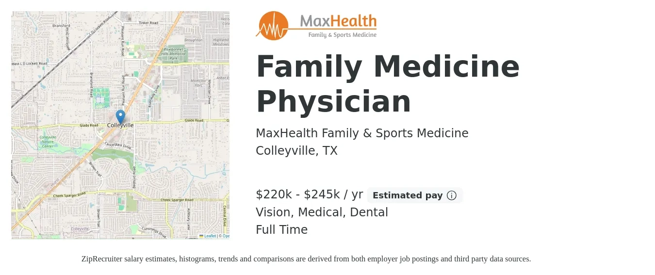 MaxHealth Family & Sports Medicine job posting for a Family Medicine Physician in Colleyville, TX with a salary of $220,000 to $245,000 Yearly and benefits including retirement, vision, dental, life_insurance, medical, and pto with a map of Colleyville location.