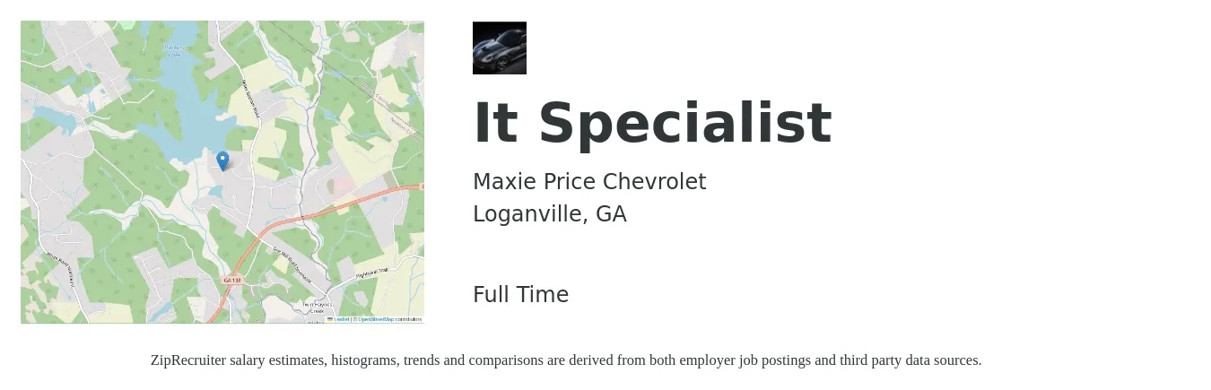 Maxie Price Chevrolet job posting for a It Specialist in Loganville, GA with a salary of $44,400 to $106,500 Yearly with a map of Loganville location.