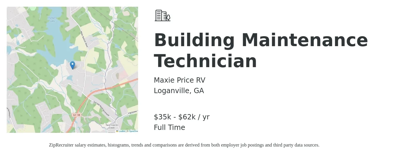 Maxie Price RV job posting for a Building Maintenance Technician in Loganville, GA with a salary of $35,360 to $62,500 Yearly with a map of Loganville location.