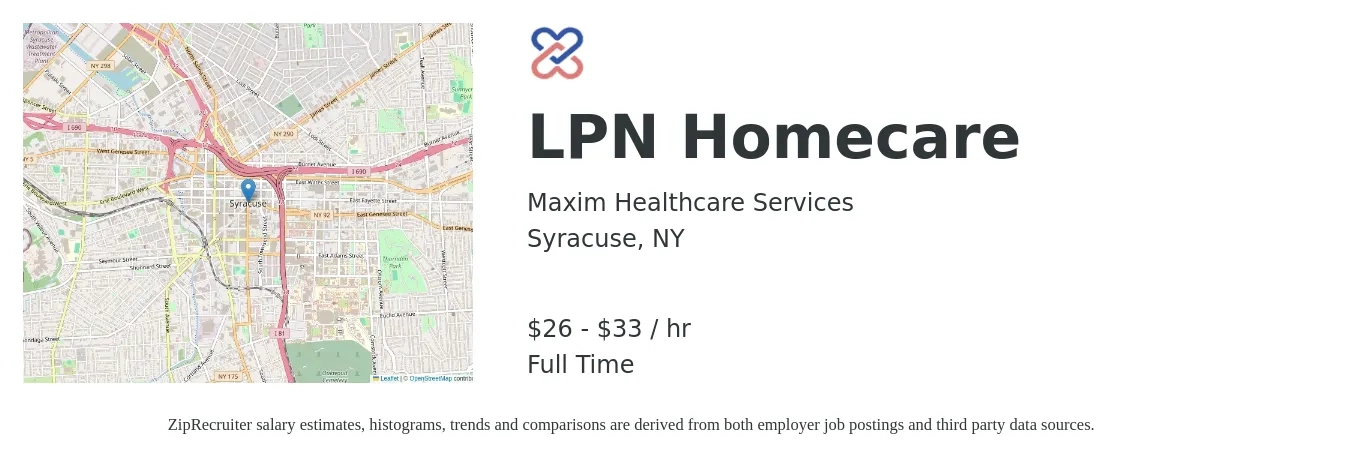 Maxim Healthcare Services job posting for a LPN Homecare in Syracuse, NY with a salary of $28 to $35 Hourly with a map of Syracuse location.