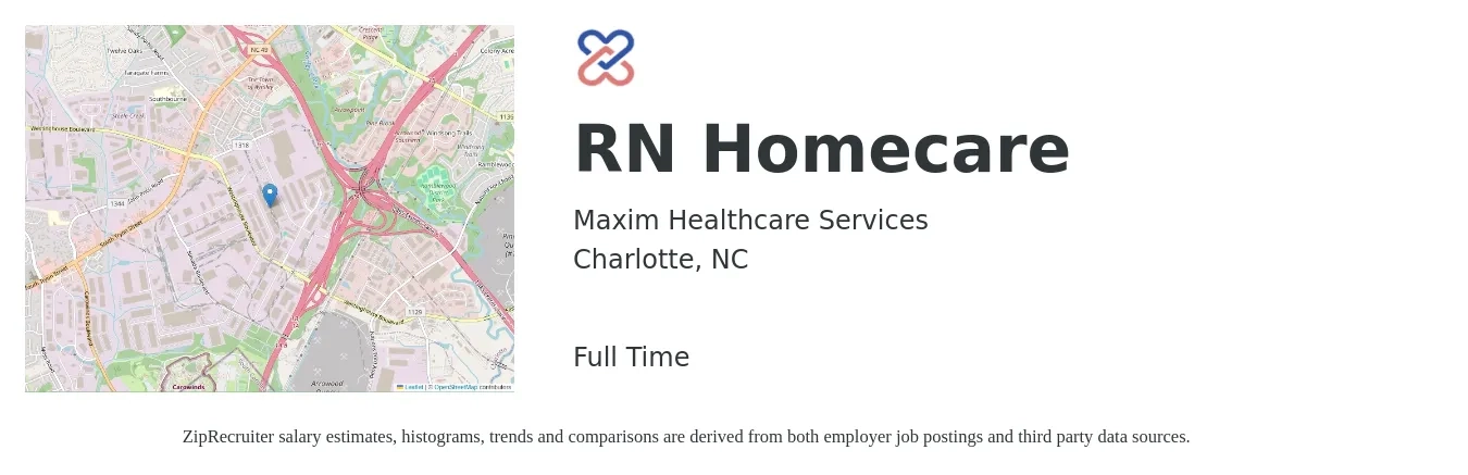 Maxim Healthcare Services job posting for a RN Homecare in Charlotte, NC with a salary of $1,550 to $2,320 Weekly with a map of Charlotte location.