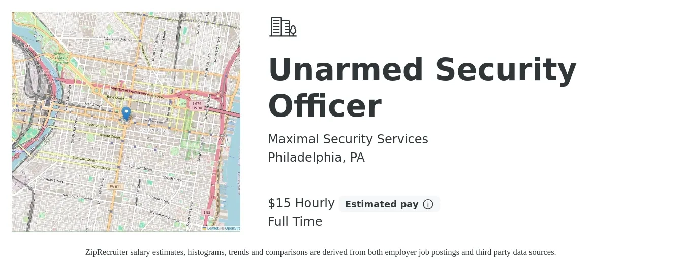 Maximal Security Services job posting for a Unarmed Security Officer in Philadelphia, PA with a salary of $16 Hourly with a map of Philadelphia location.