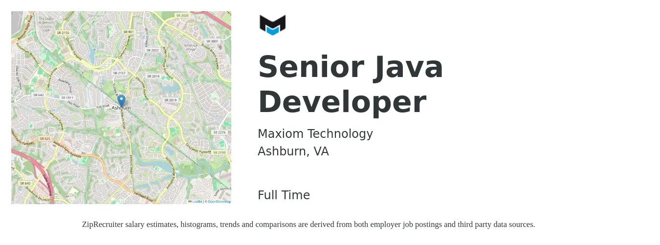 Maxiom Technology job posting for a Senior Java Developer in Ashburn, VA with a salary of $58 to $75 Hourly with a map of Ashburn location.