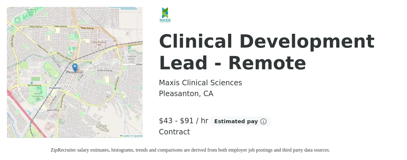 Maxis Clinical Sciences job posting for a Clinical Development Lead - Remote in Pleasanton, CA with a salary of $45 to $95 Hourly with a map of Pleasanton location.