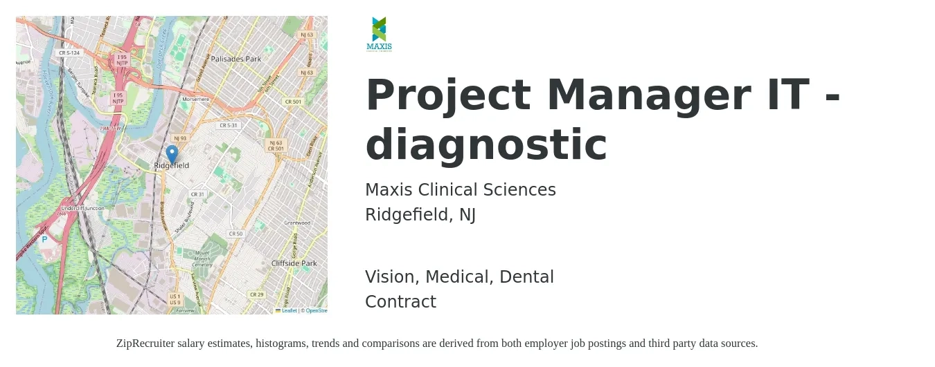 Maxis Clinical Sciences job posting for a Project Manager IT - diagnostic in Ridgefield, NJ with a salary of $99,700 to $117,900 Yearly and benefits including dental, medical, and vision with a map of Ridgefield location.
