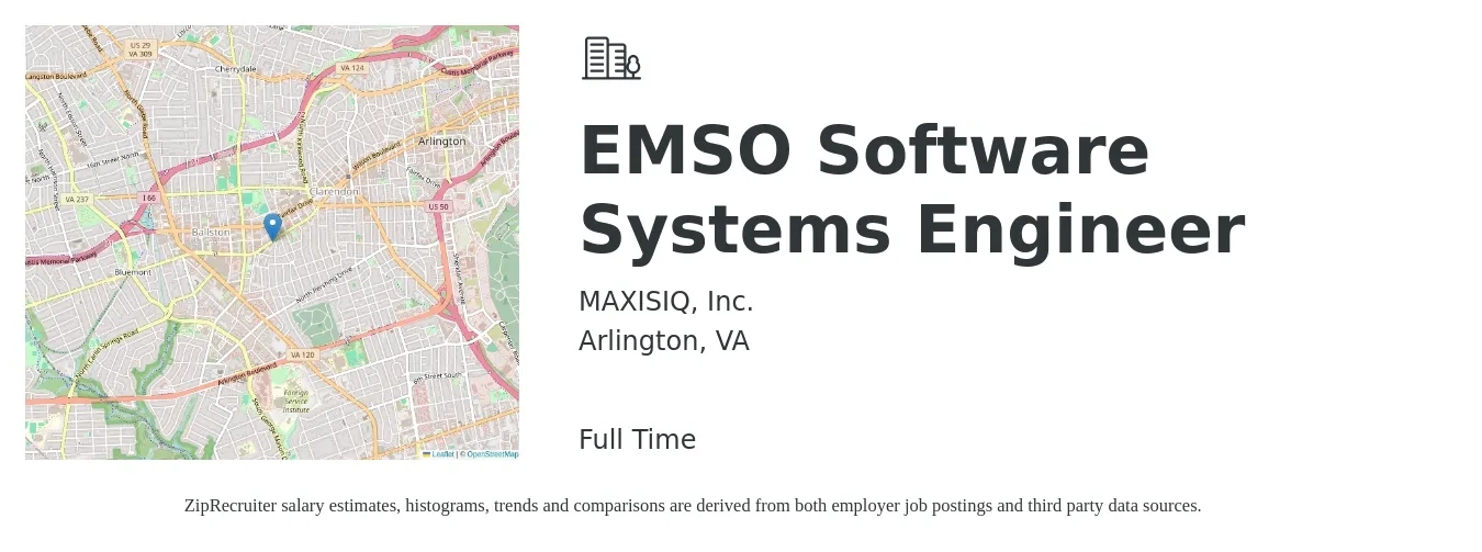 MAXISIQ, Inc. job posting for a EMSO Software Systems Engineer in Arlington, VA with a salary of $199,000 to $235,800 Yearly with a map of Arlington location.