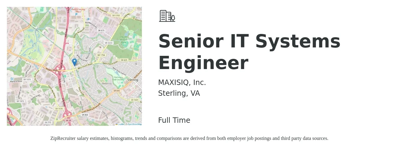 MAXISIQ, Inc. job posting for a Senior IT Systems Engineer in Sterling, VA with a salary of $105,500 to $144,400 Yearly with a map of Sterling location.