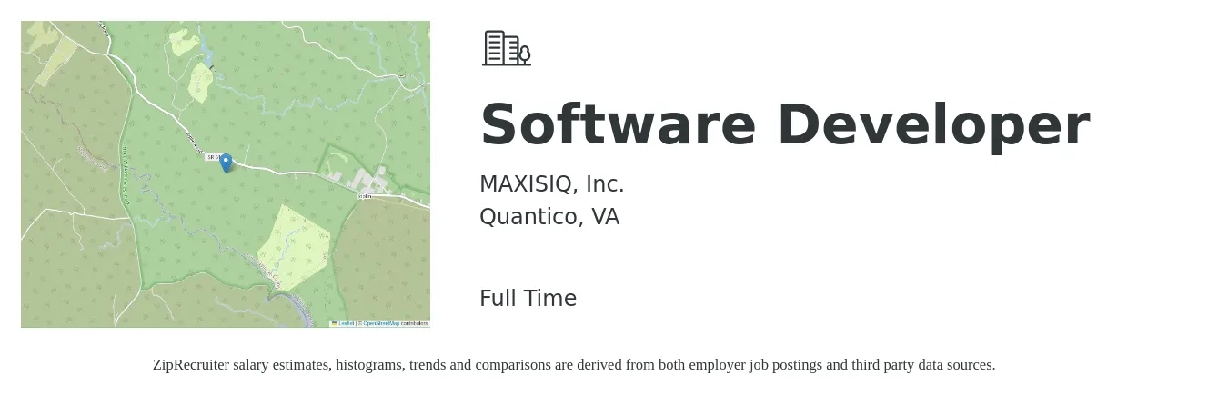 MAXISIQ, Inc. job posting for a Software Developer in Quantico, VA with a salary of $97,000 to $140,100 Yearly with a map of Quantico location.
