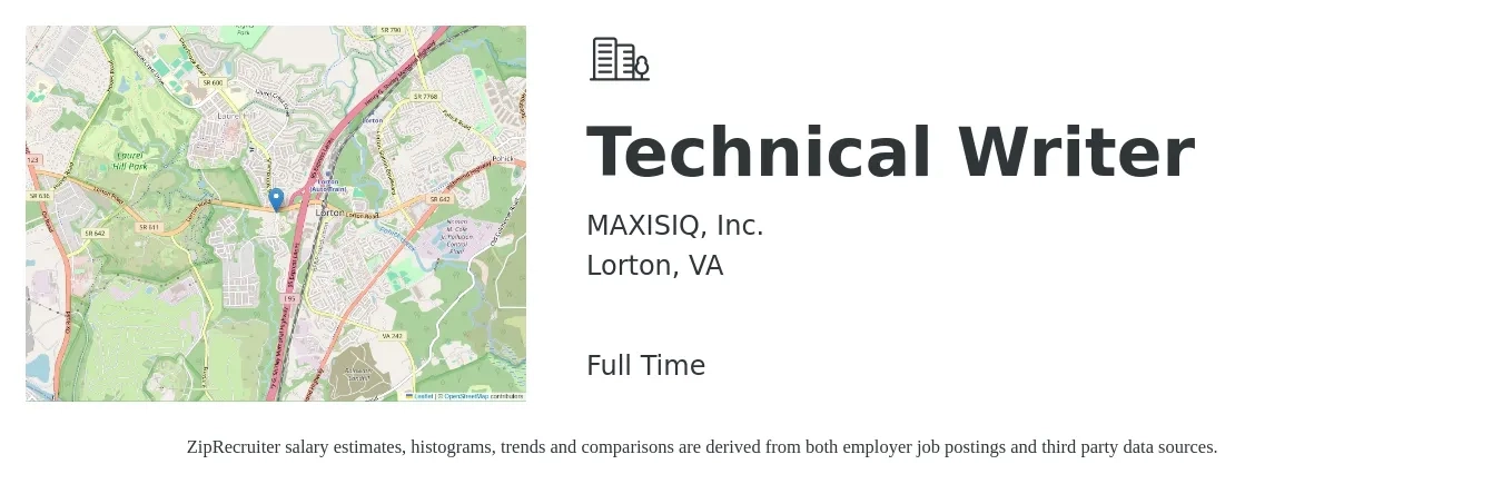 MAXISIQ, Inc. job posting for a Technical Writer in Lorton, VA with a salary of $30 to $50 Hourly with a map of Lorton location.