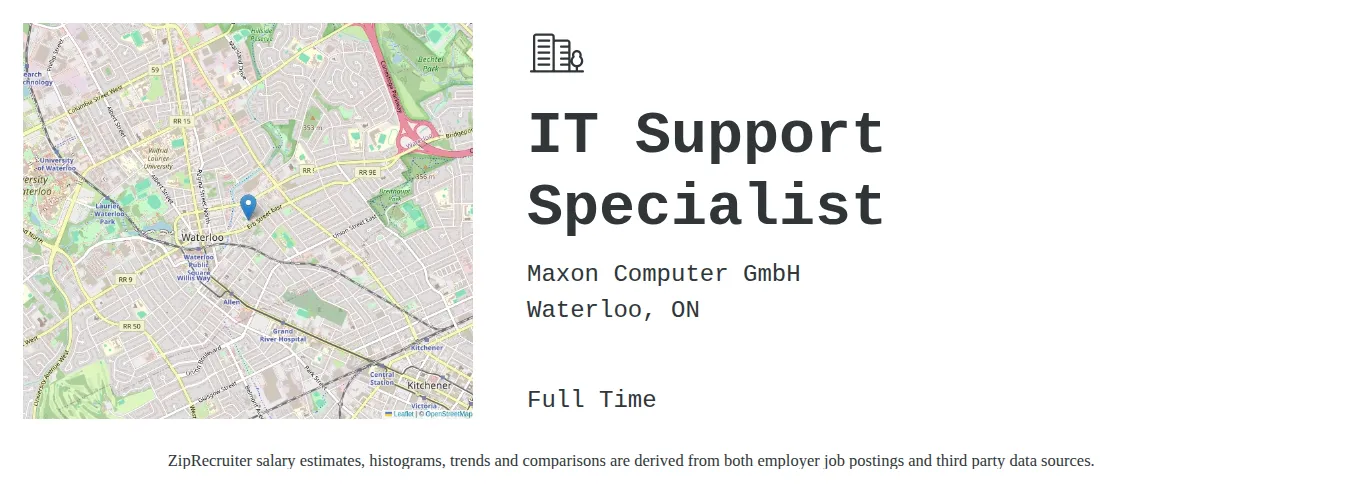 Maxon Computer GmbH job posting for a IT Support Specialist in Waterloo, ON with a map of Waterloo location.