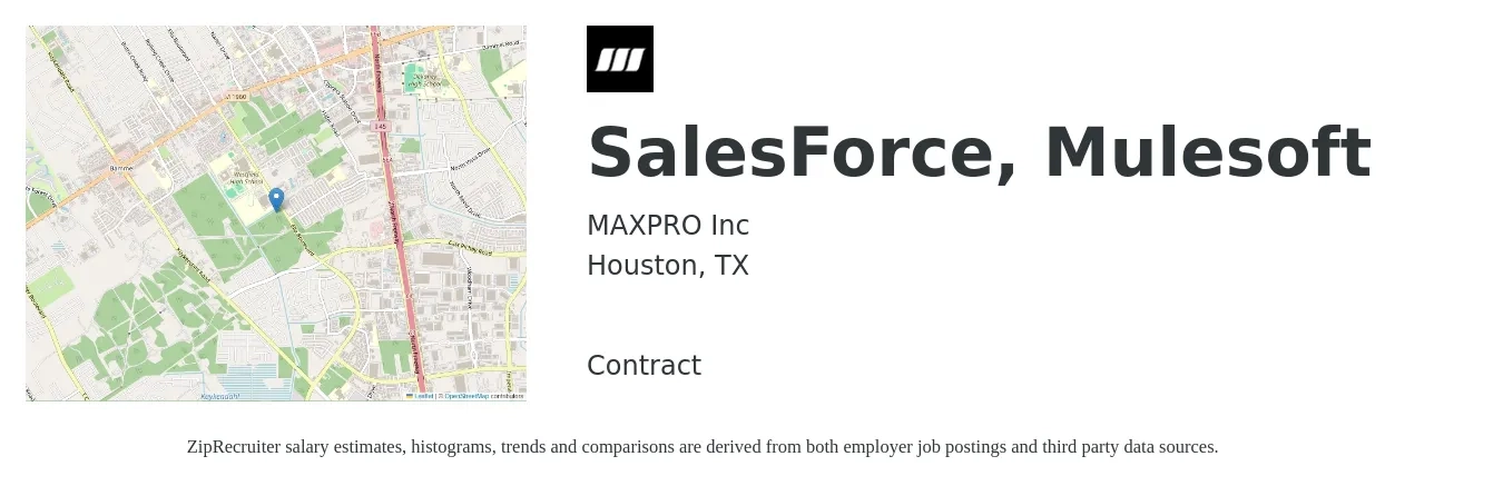 MAXPRO Inc job posting for a SalesForce, Mulesoft in Houston, TX with a salary of $53 to $70 Hourly with a map of Houston location.