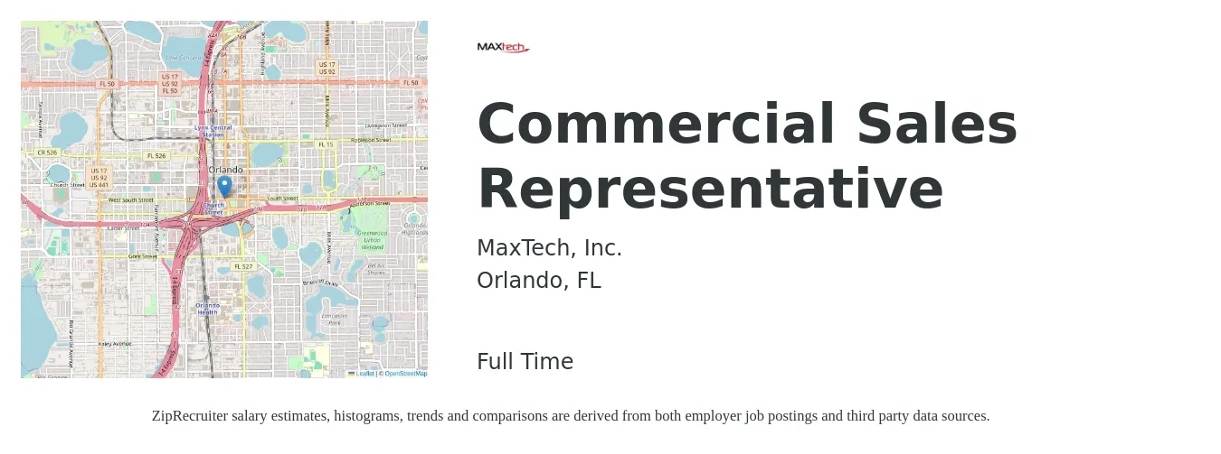 MaxTech, Inc. job posting for a Commercial Sales Representative in Orlando, FL with a salary of $42,400 to $61,600 Yearly with a map of Orlando location.