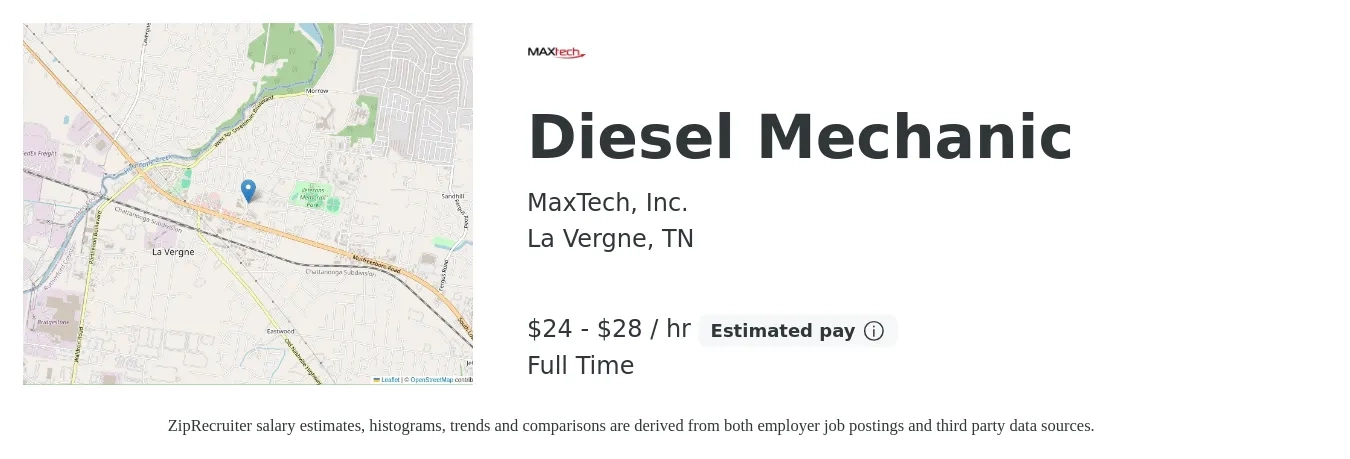 MaxTech, Inc. job posting for a Diesel Mechanic in La Vergne, TN with a salary of $25 to $30 Hourly with a map of La Vergne location.