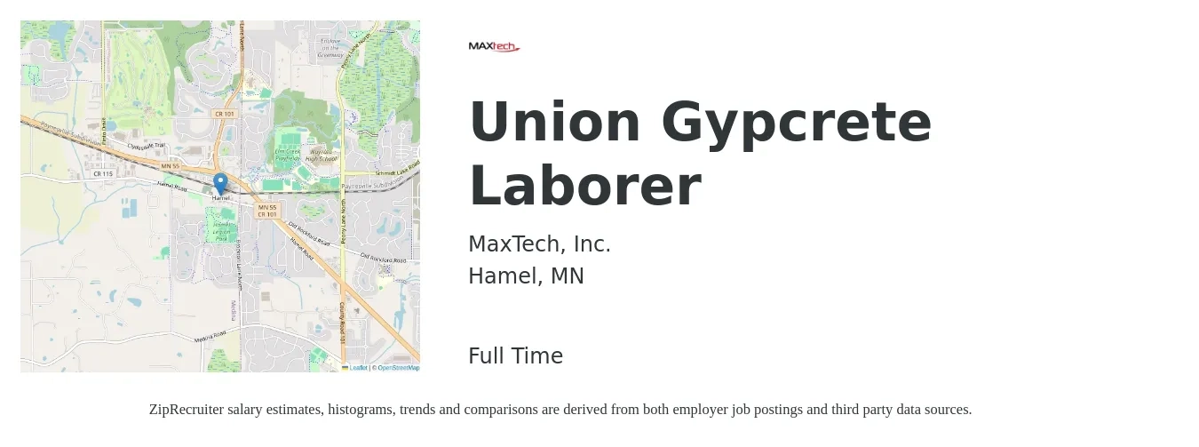 MaxTech, Inc. job posting for a Union Gypcrete Laborer in Hamel, MN with a salary of $18 to $22 Hourly with a map of Hamel location.