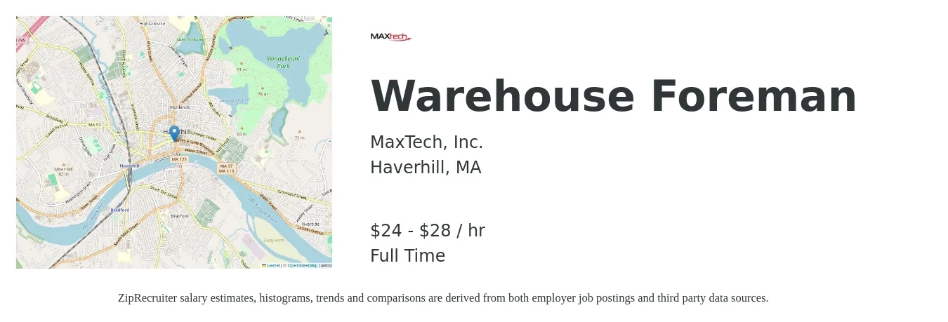 MaxTech, Inc. job posting for a Warehouse Foreman in Haverhill, MA with a salary of $25 to $30 Hourly with a map of Haverhill location.