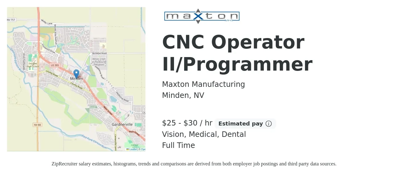 Maxton Manufacturing job posting for a CNC Operator II/Programmer in Minden, NV with a salary of $26 to $32 Hourly and benefits including vision, dental, life_insurance, medical, pto, and retirement with a map of Minden location.