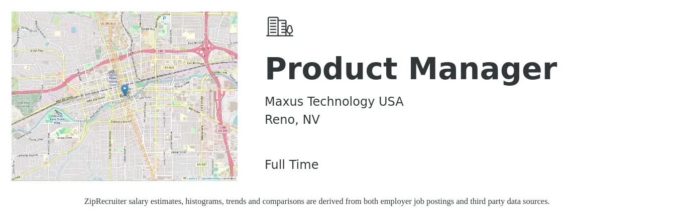 Maxus Technology USA job posting for a Product Manager in Reno, NV with a salary of $140,600 to $196,400 Yearly with a map of Reno location.