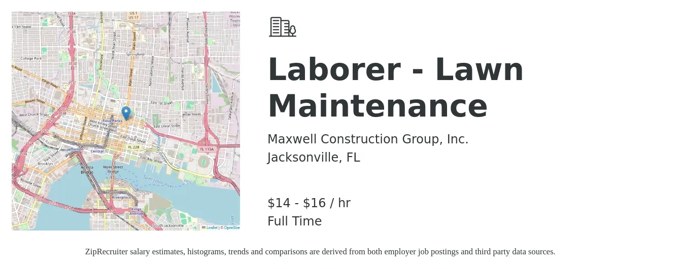 Maxwell Construction Group, Inc. job posting for a Laborer - Lawn Maintenance in Jacksonville, FL with a salary of $15 to $17 Hourly with a map of Jacksonville location.