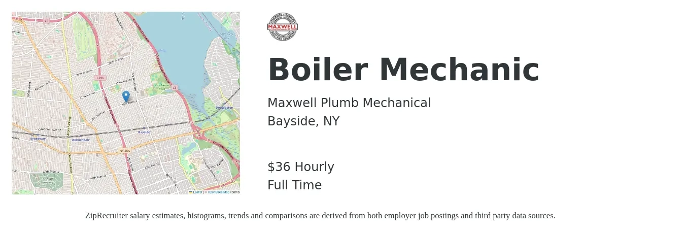 Maxwell Plumb Mechanical job posting for a Boiler Mechanic in Bayside, NY with a salary of $38 Hourly with a map of Bayside location.