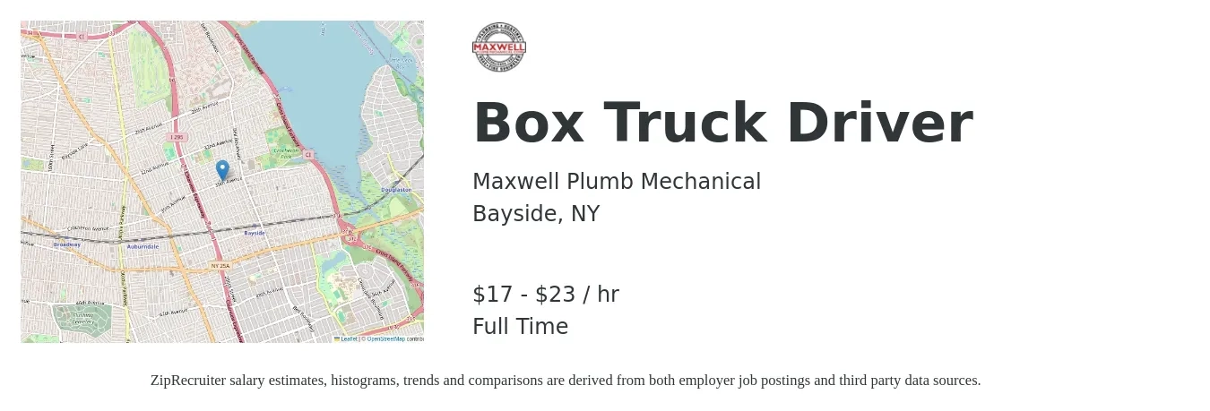 Maxwell Plumb Mechanical job posting for a Box Truck Driver in Bayside, NY with a salary of $18 to $24 Hourly with a map of Bayside location.