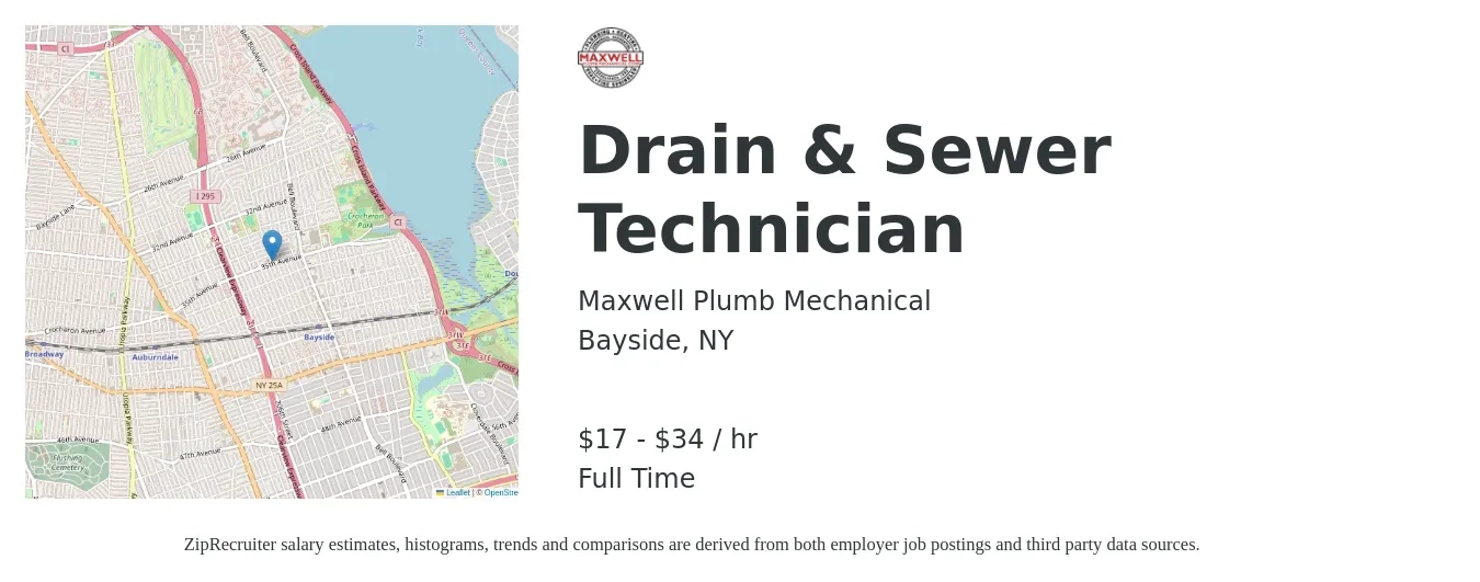 Maxwell Plumb Mechanical job posting for a Drain & Sewer Technician in Bayside, NY with a salary of $18 to $36 Hourly with a map of Bayside location.