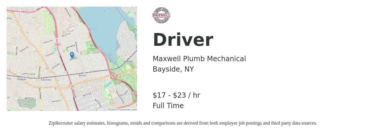 Maxwell Plumb Mechanical job posting for a Driver in Bayside, NY with a salary of $18 to $24 Hourly with a map of Bayside location.