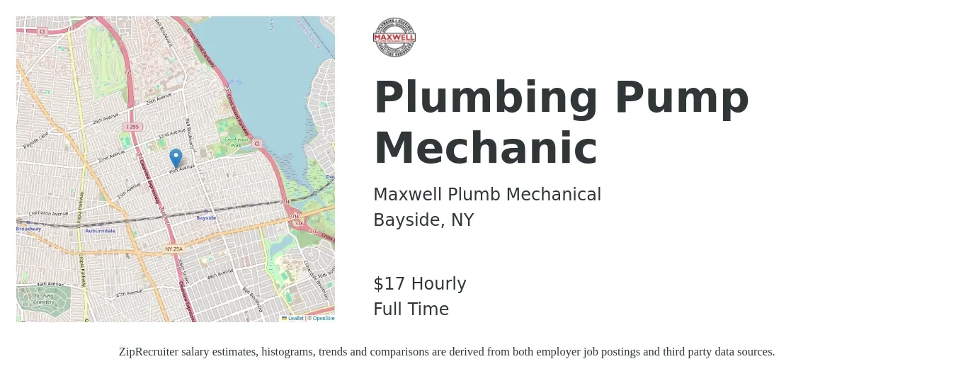 Maxwell Plumb Mechanical job posting for a Plumbing Pump Mechanic in Bayside, NY with a salary of $18 Hourly with a map of Bayside location.