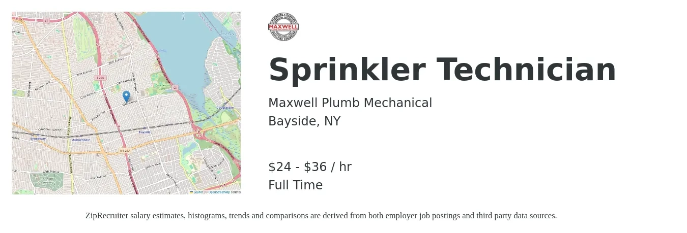 Maxwell Plumb Mechanical job posting for a Sprinkler Technician in Bayside, NY with a salary of $25 to $38 Hourly with a map of Bayside location.