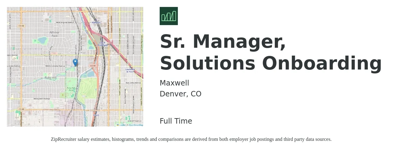 Maxwell job posting for a Sr. Manager, Solutions Onboarding in Denver, CO with a salary of $75,700 to $118,400 Yearly with a map of Denver location.