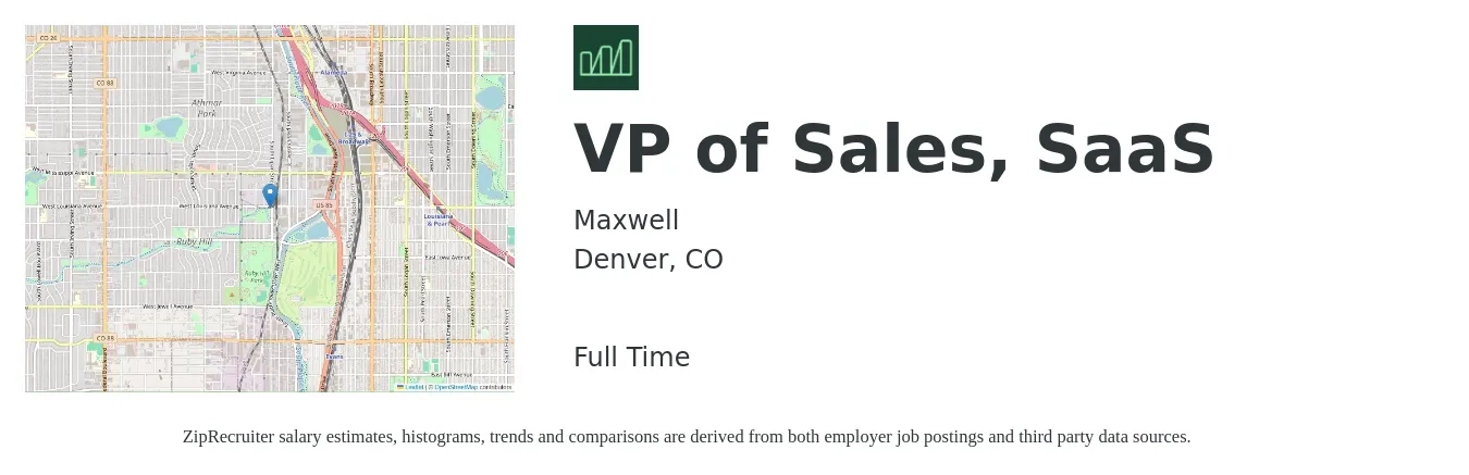Maxwell job posting for a VP of Sales, SaaS in Denver, CO with a salary of $128,700 to $200,700 Yearly with a map of Denver location.