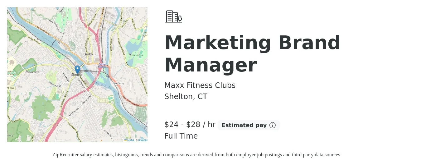 Maxx Fitness Clubs job posting for a Marketing Brand Manager in Shelton, CT with a salary of $25 to $30 Hourly with a map of Shelton location.