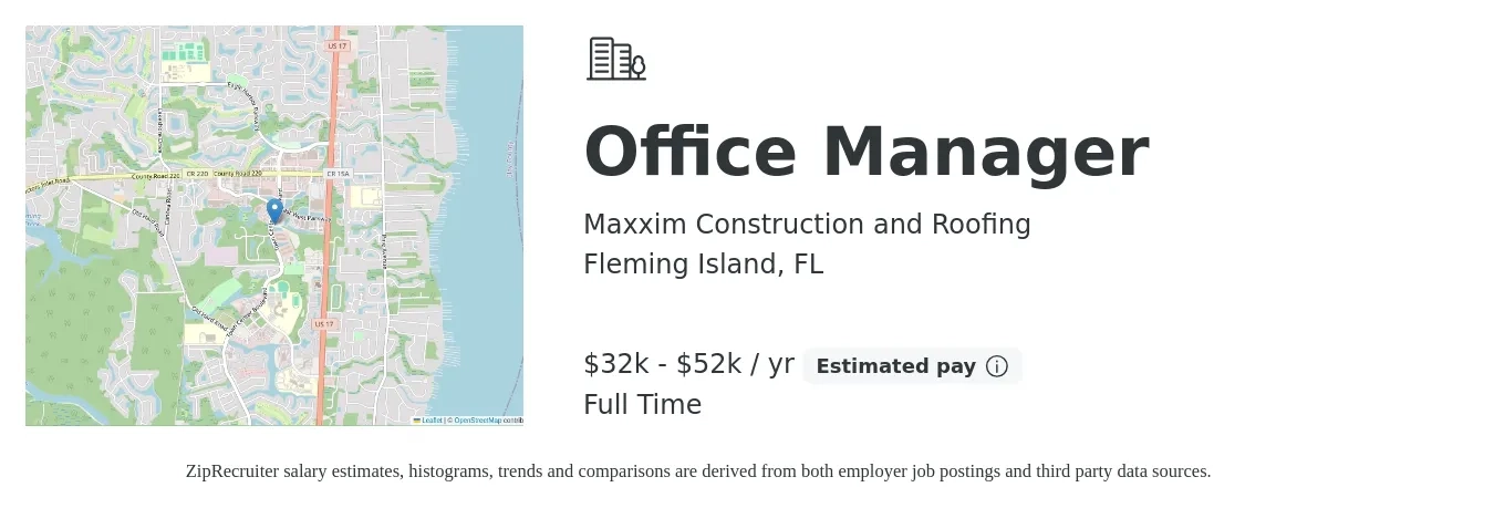 Maxxim Construction and Roofing job posting for a Office Manager in Fleming Island, FL with a salary of $32,000 to $52,000 Yearly and benefits including pto with a map of Fleming Island location.