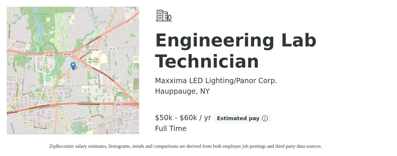 Maxxima LED Lighting/Panor Corp. job posting for a Engineering Lab Technician in Hauppauge, NY with a salary of $50,000 to $60,000 Yearly with a map of Hauppauge location.