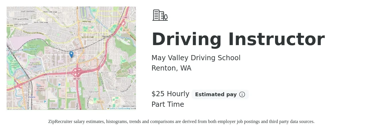 May Valley Driving School job posting for a Driving Instructor in Renton, WA with a salary of $26 Hourly with a map of Renton location.
