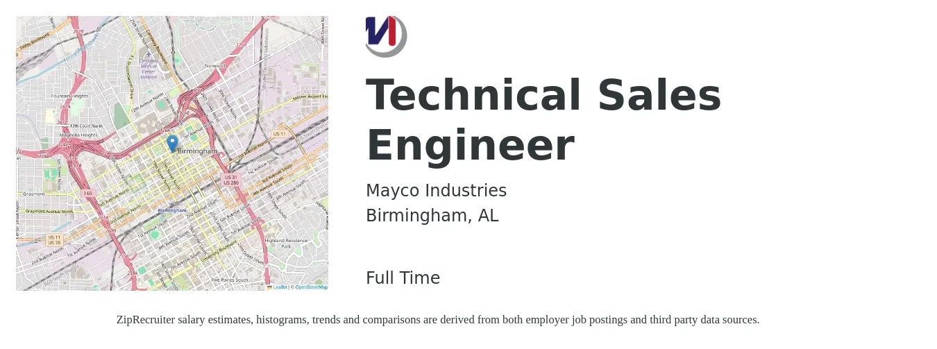 Mayco Industries job posting for a Technical Sales Engineer in Birmingham, AL with a salary of $40 to $48 Hourly with a map of Birmingham location.