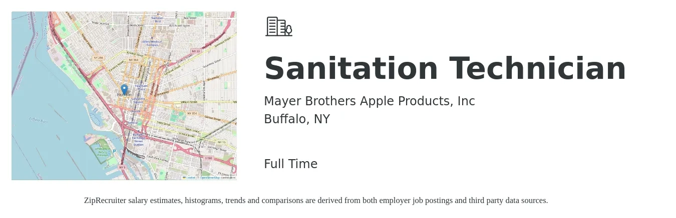 Mayer Brothers Apple Products, Inc job posting for a Sanitation Technician in Buffalo, NY with a salary of $16 Hourly with a map of Buffalo location.