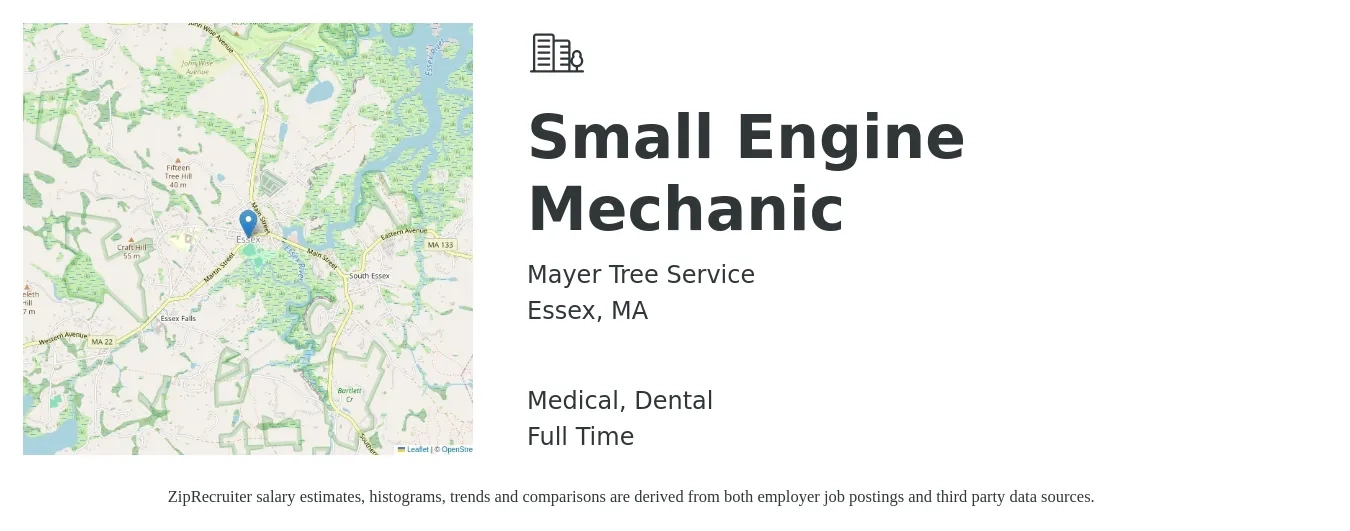 Mayer Tree Service job posting for a Small Engine Mechanic in Essex, MA with a salary of $19 to $26 Hourly and benefits including dental, medical, pto, and retirement with a map of Essex location.