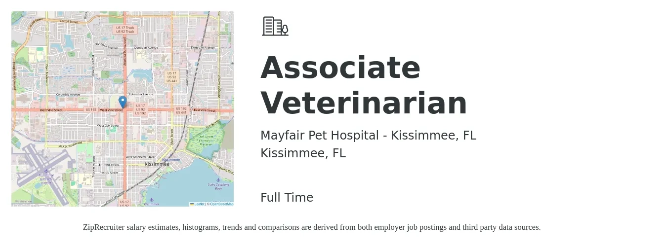 Mayfair Pet Hospital - Kissimmee, FL job posting for a Associate Veterinarian in Kissimmee, FL with a salary of $90,600 to $146,200 Yearly with a map of Kissimmee location.