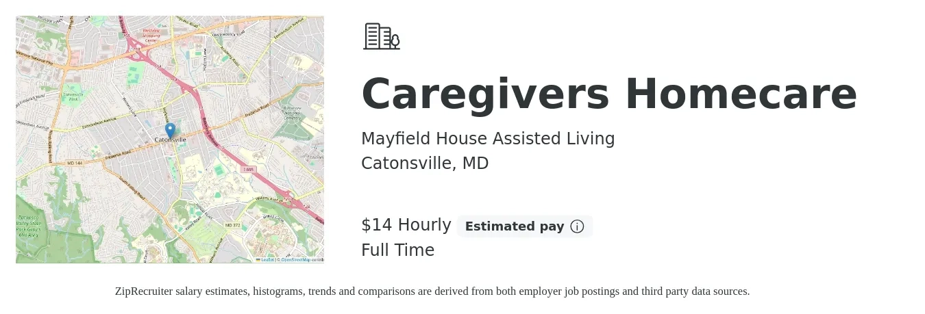 Mayfield House Assisted Living job posting for a Caregivers Homecare in Catonsville, MD with a salary of $15 Hourly with a map of Catonsville location.