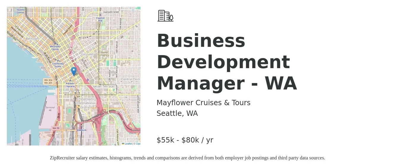Mayflower Cruises & Tours job posting for a Business Development Manager - WA in Seattle, WA with a salary of $55,000 to $80,000 Yearly with a map of Seattle location.