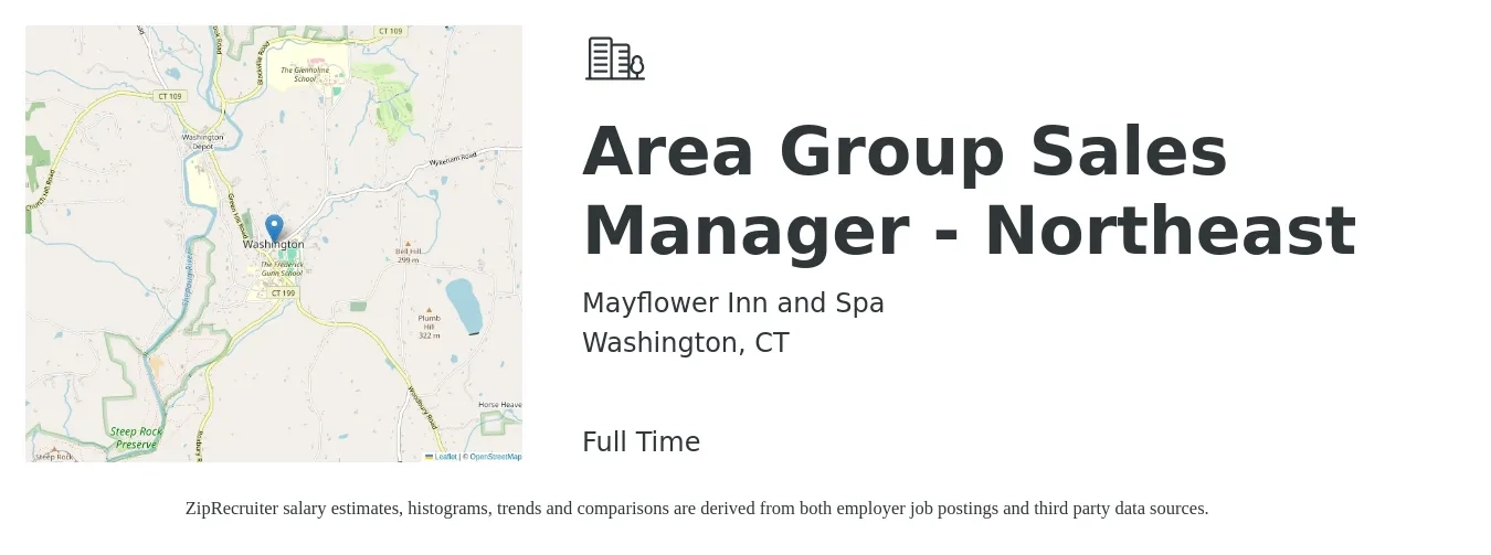 Mayflower Inn and Spa job posting for a Area Group Sales Manager - Northeast in Washington, CT with a salary of $71,700 to $112,000 Yearly with a map of Washington location.