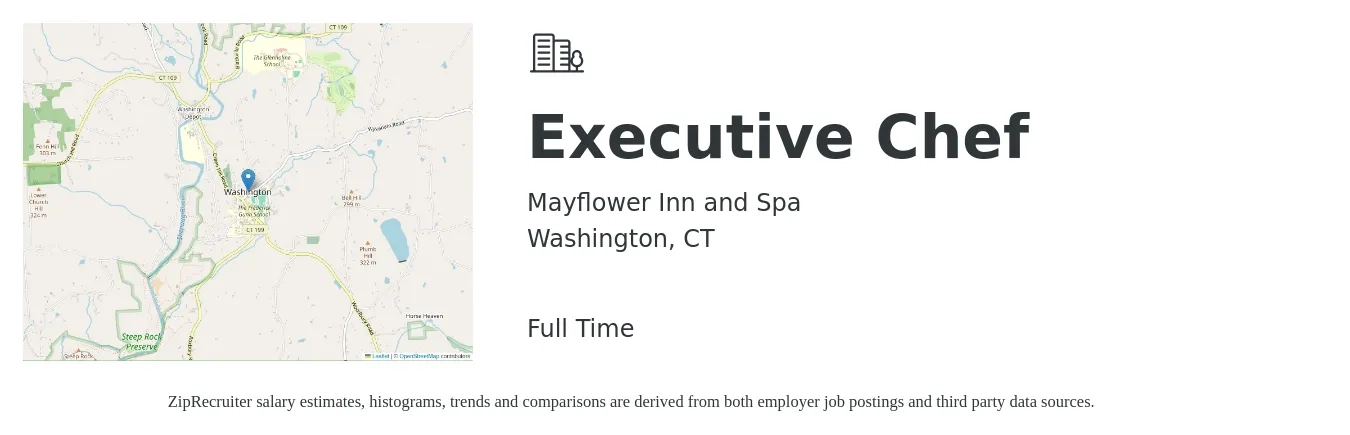 Mayflower Inn and Spa job posting for a Executive Chef in Washington, CT with a salary of $71,200 to $98,100 Yearly with a map of Washington location.