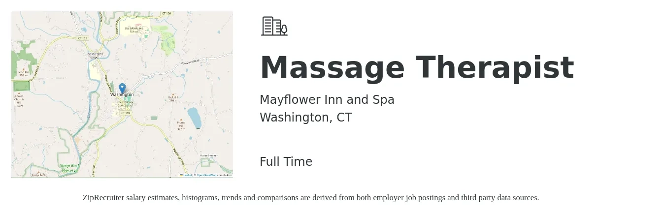Mayflower Inn and Spa job posting for a Massage Therapist in Washington, CT with a salary of $24 to $46 Hourly with a map of Washington location.