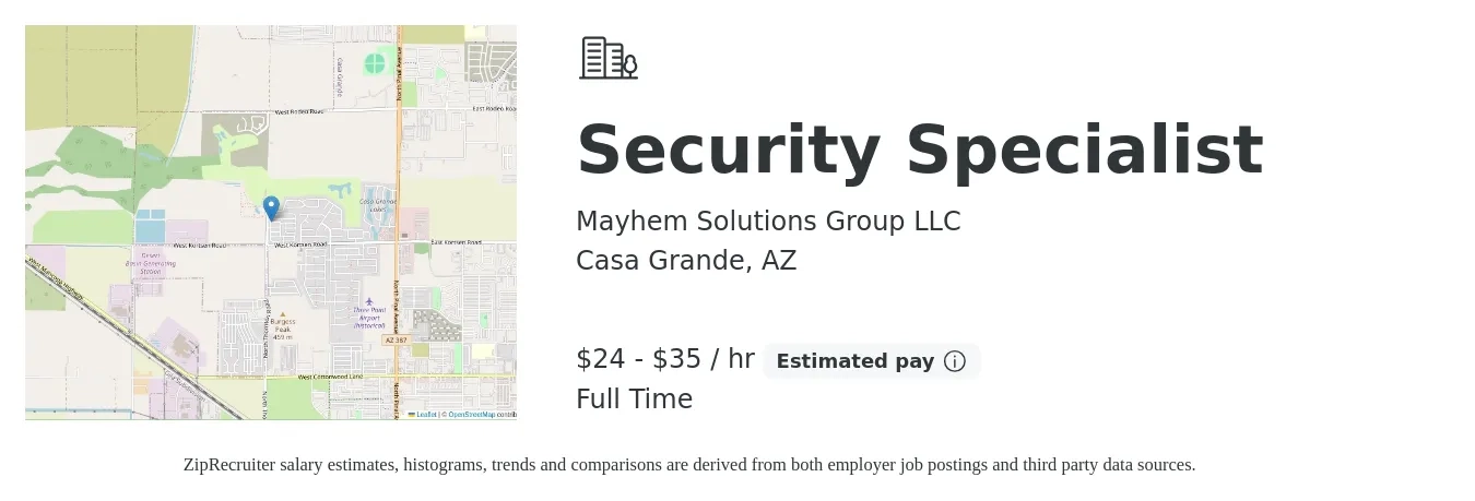 Mayhem Solutions Group LLC job posting for a Security Specialist in Casa Grande, AZ with a salary of $25 to $37 Hourly with a map of Casa Grande location.