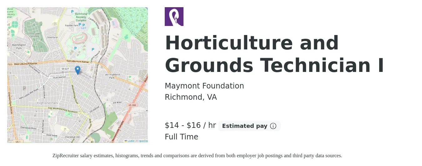 Maymont Foundation job posting for a Horticulture and Grounds Technician I in Richmond, VA with a salary of $15 to $17 Hourly with a map of Richmond location.