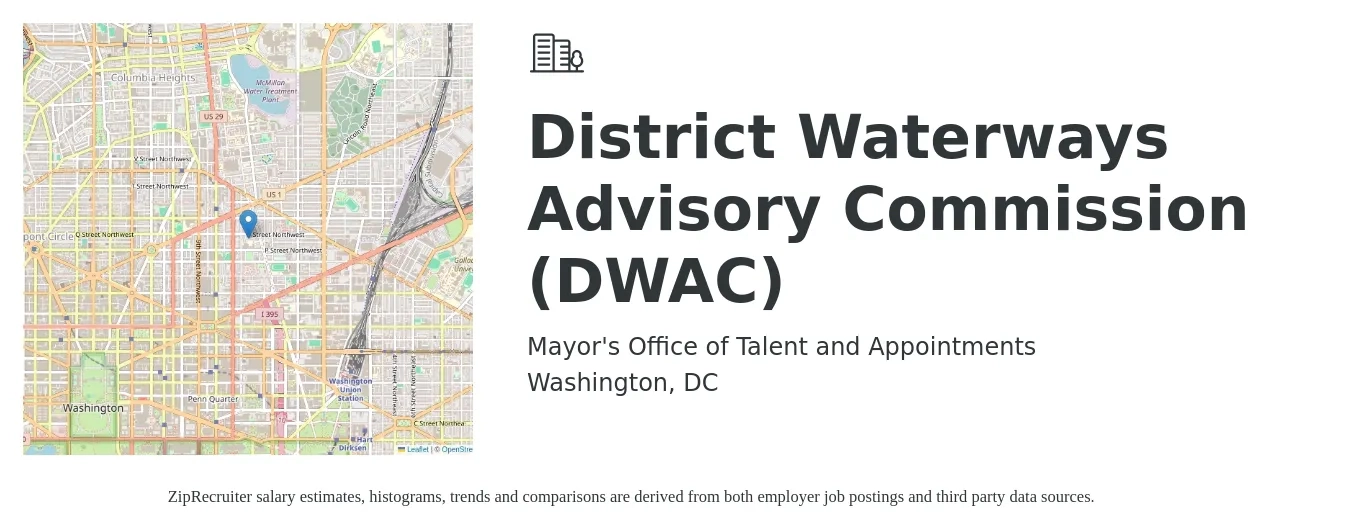 Mayor's Office of Talent and Appointments job posting for a District Waterways Advisory Commission (DWAC) in Washington, DC with a salary of $82,400 to $133,700 Yearly with a map of Washington location.